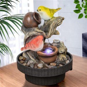 Tabletop Fountain Birds Waterfall Desktop Electric Water Fountain Decor w/LED